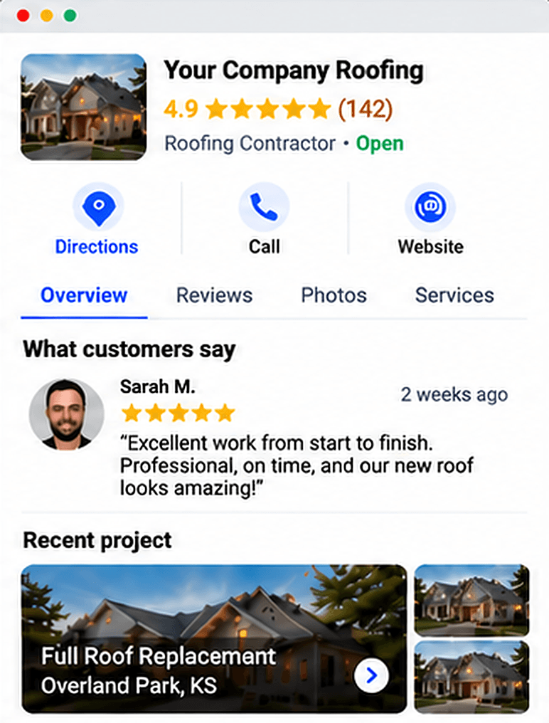 Example: a Google profile rated 4.9 with a recent five-star review and project photos.