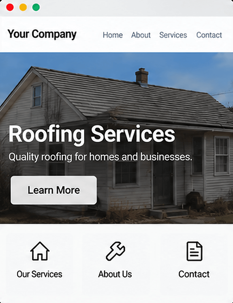 A generic roofing website with a stock photo and a Learn More button.
