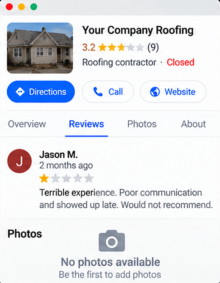 A Google profile with a 3.2 rating, nine reviews, and no photos.